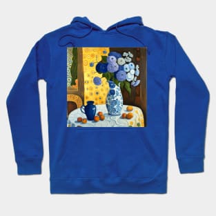 Cute Abstract Blue and White Flowers Matching Vase Table Cloth Still Life Painting Hoodie
